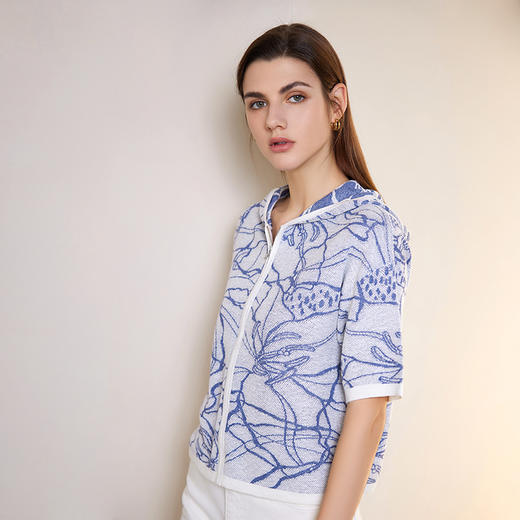 【连帽印花高织短袖针织衫】24年春夏新品女士荷花印花针织开衫外套 商品图1