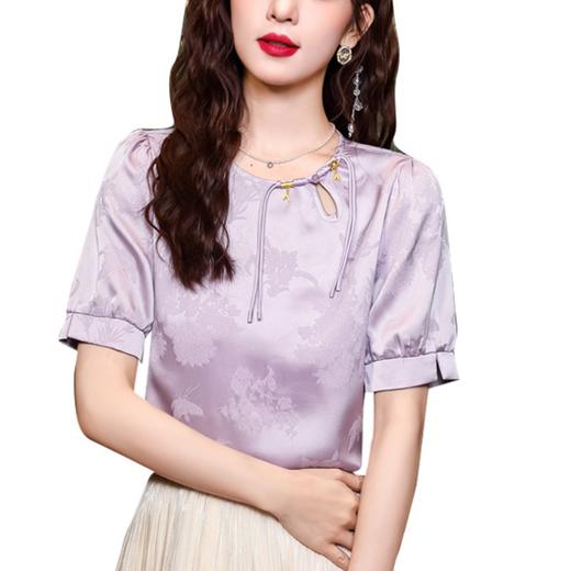 MZ-16871国风紫色雪纺短袖上衣夏季装新款盘扣新中式提花套头小衫 商品图4