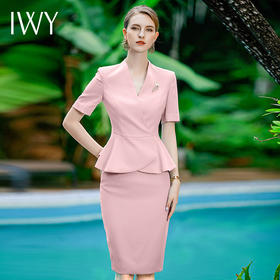 IWY/粉色西装套裙职业女裙套装西装裙夏季短袖美容院工作服CS1756-P
