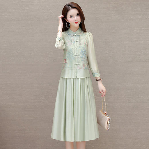 新中式国风盘扣长袖印花，复古外套+内搭无袖中长款连衣裙两件套QYM-JJ-6628163-Y 商品图0