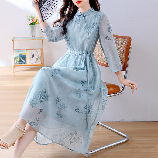 小清新文艺国风轻薄宽松显瘦盘扣气质蓝色连衣裙AHM-blty8713 商品图0