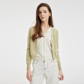 PE631斯尔丽24新款假两件撞色连帽衫双头拉链显瘦减龄时尚开衫针织上衣