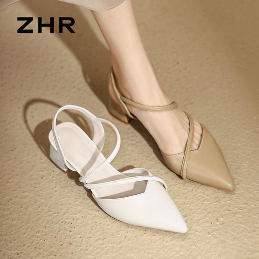 ZHR则则粗跟ins包头凉鞋女2024夏季新款韩版百搭尖头高跟鞋配裙子 商品图6