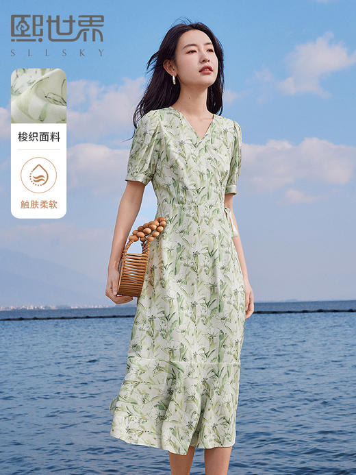 【专属特价】熙世界25夏泡泡袖一片式绑带V领薄荷曼波碎花连衣裙茶歇法式女 商品图0