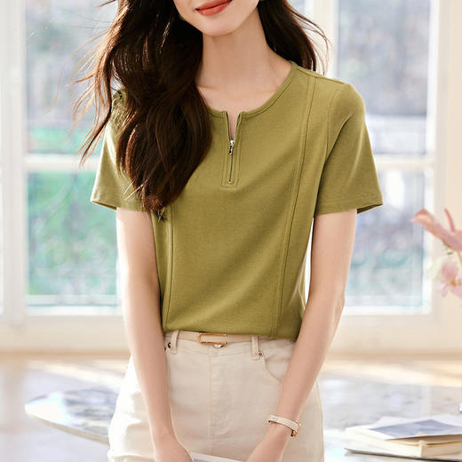 MZ-16876拉链圆领短袖女T恤夏季新款简约纯色显瘦百搭套头体恤上衣 商品图2