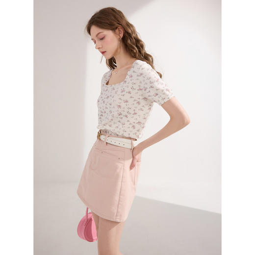 三彩2024夏季新款纯棉碎花针织衫法式方领短款毛衫短袖甜美清新女M 商品图3