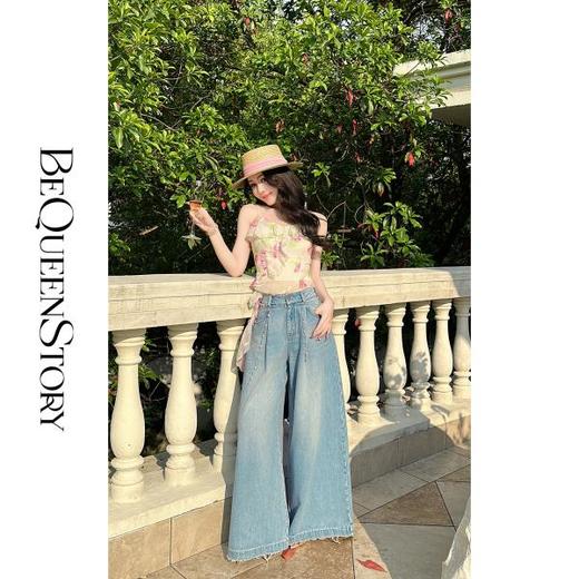 BeQueenStory【绿野仙踪】浪漫印花飘逸荷叶边性感露肩钉珠吊带上衣 商品图4