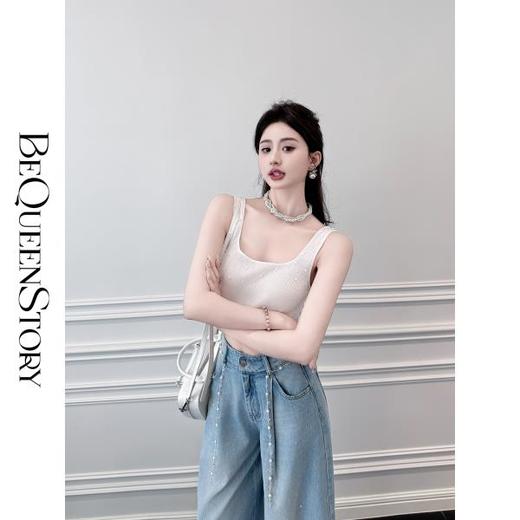 BeQueenStory【珍珠白巧】透气时尚手工缝珠百搭舒适天丝坑条背心 商品图3