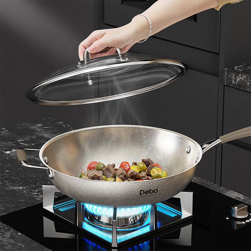 德铂纯钛炒锅无涂层物理不粘炒菜锅30cm抗菌电磁炉通用 德罗拉