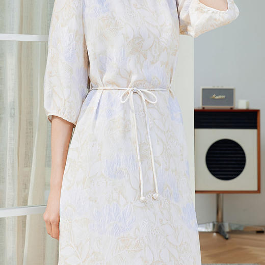 玳莎印花宽松真丝连衣裙2024新款夏季系带收腰七分袖中长款裙子  EB35308 商品图1