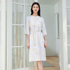 玳莎印花宽松真丝连衣裙2024新款夏季系带收腰七分袖中长款裙子  EB35308