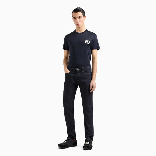 【一】EMPORIO ARMANI 阿玛尼 男士徽标凸纹刺绣莱赛尔纤维混纺平纹针织圆领短袖T恤 深蓝色 8N1TF5 1JUVZ 0920 商品图3