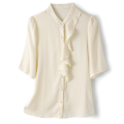 YQ荷叶边拼接时尚桑蚕丝衬衫女士2024夏装新款缎面气质通勤纯色上衣 商品图4