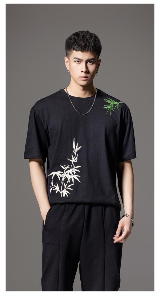 PINLI品立夏季新款中国风竹叶刺绣短袖T恤男士国潮贴布绣体恤BG242111047 商品图7