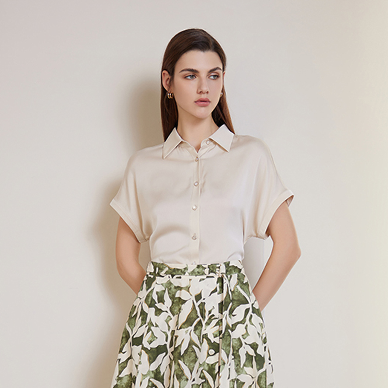 【桑蚕丝短袖衬衫】24年春夏女士新品薄款纯色雪纺真丝上衣