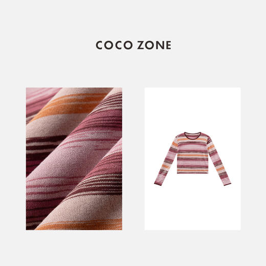 COCO ZONE"蜜桃糖”夏季圆领百搭撞色针织衫高级感条纹休闲长袖上衣CC1B1171 商品图2