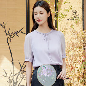 玳莎系带木耳边领真丝小衫女2024新款夏季优雅气质五分袖上衣衬衫  EB31106