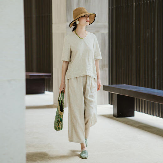 绽放绽放女装325朵/高端质感干洗亚麻旅游穿搭宽松T恤休闲裤套装 商品图1