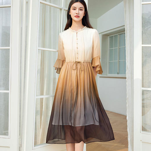 玳莎渐变印花乔其真丝连衣裙2024夏季新款系带抽褶拼接五分袖裙子  EB35309 商品图2