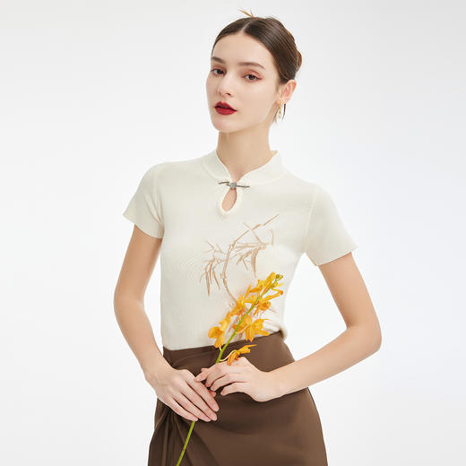 PF601斯尔丽2024新款滑爽不贴身针织旗袍领国风绣花百搭上衣女式针织衫 商品图0