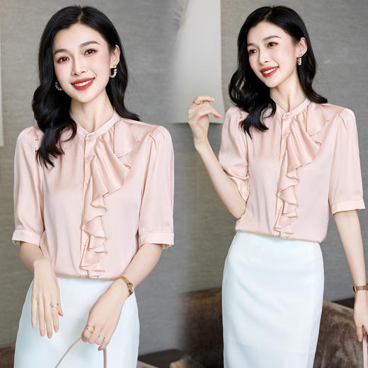 YQ荷叶边显瘦衬衫女半袖小衫2024年夏季新款时尚洋气桑蚕丝立领上衣 商品图0