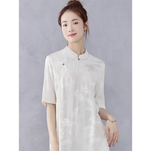 雀说 夏季人丝提花新中式立领珠扣喇叭袖旗袍大码宽松套头连衣裙4ZF-2347 商品图1