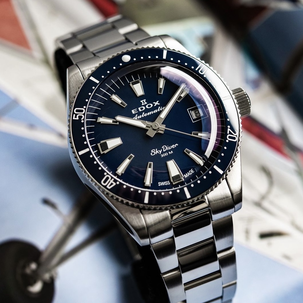 现货瑞士EDOX依度SkyDiver伞兵悍将38mm自动机械手表钢带夜光防水