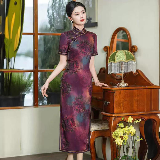 HQ041-老上海新中式紫色旗袍改良国风连衣裙长款 商品图3