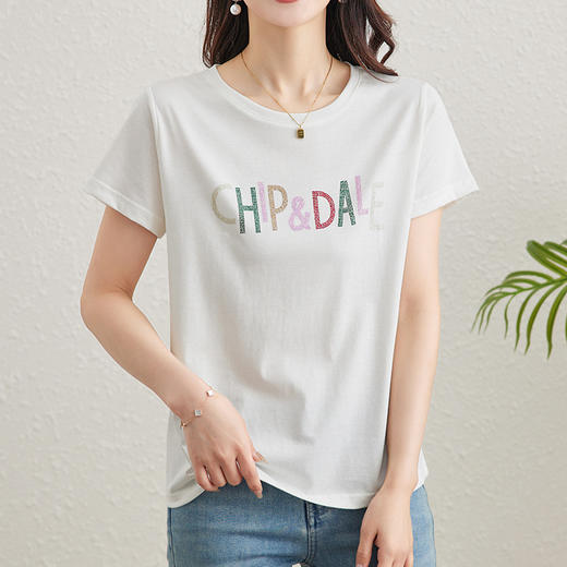 桑蚕丝短袖t恤，纯色字母显瘦体恤上衣KQN- 85606 商品图3