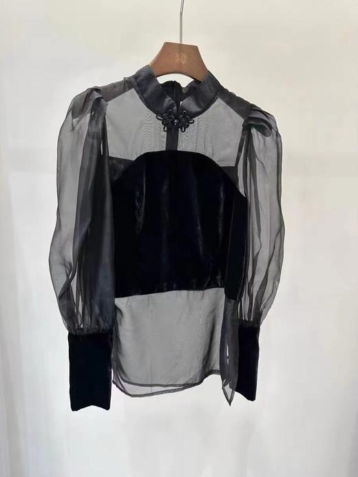 11.11促（NO退换）【特卖】 好看的哦~3962原创设计师金丝绒拼网纱袖小衫上衣-喜出 商品图1