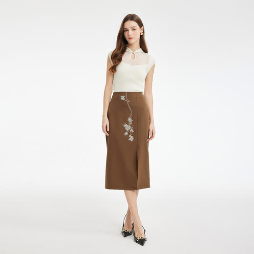 PF506斯尔丽2024新款侧开叉高级感高腰国风绣花优雅气质轻奢百搭半裙 商品图3