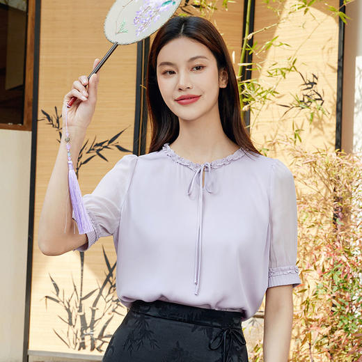 玳莎系带木耳边领真丝小衫女2024新款夏季优雅气质五分袖上衣衬衫  EB31106 商品图2