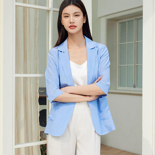 玳莎牛仔印花双绉真丝西装女夏季通勤简约时尚一粒扣外套  EB37202 商品图2