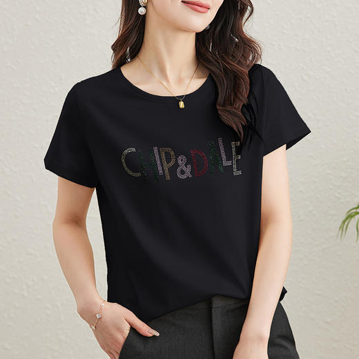 桑蚕丝短袖t恤，纯色字母显瘦体恤上衣KQN- 85606 商品图0