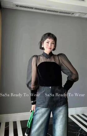 11.11促（NO退换）【特卖】 好看的哦~3962原创设计师金丝绒拼网纱袖小衫上衣-喜出