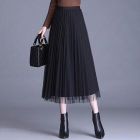 TZW-2024春夏新款垂感网纱正反两穿A字裙半身裙黑色显瘦百褶高腰裙子