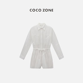 COCO ZONE "月下白茶“女士连体衣裤夏季翻领抽绳收腰气质衬衣连短裤CC2B0731