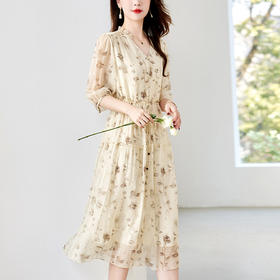 玫瑰花印花乔其真丝连衣裙，轻奢中袖显瘦桑蚕丝长裙子KQN-82497230