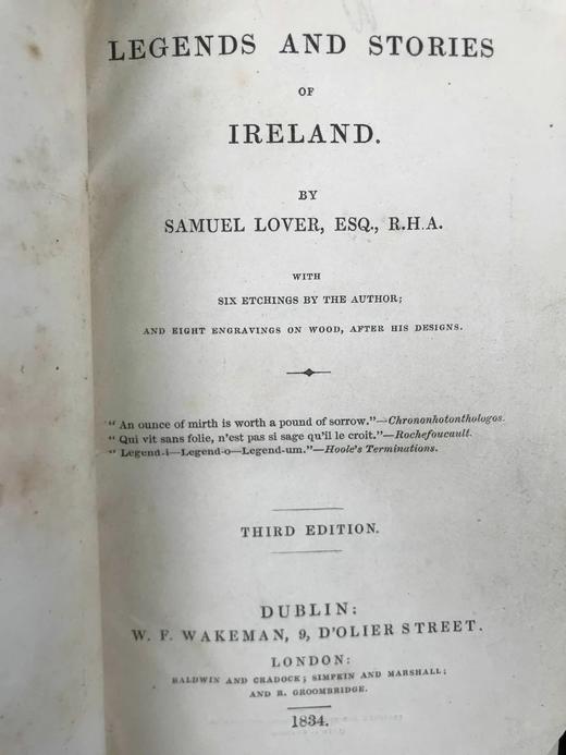 含藏书票！1834年 塞缪尔·洛弗《爱尔兰传奇与故事集》 14幅版画插图 真皮精装36开 商品图3