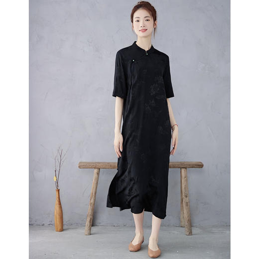 雀说 夏季人丝提花新中式立领珠扣喇叭袖旗袍大码宽松套头连衣裙4ZF-2347 商品图2