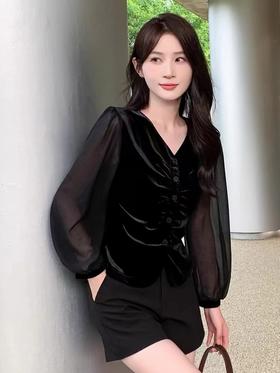 好看的哦~5223褶皱金丝绒拼纱袖小衫上衣-喜出