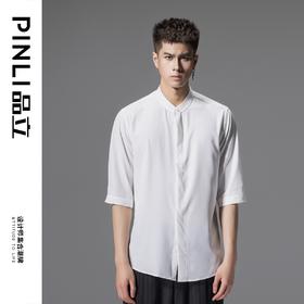 PINLI品立秋季新款纯色立领中袖衬衫男士免烫休闲五分袖衬衣GD242213296