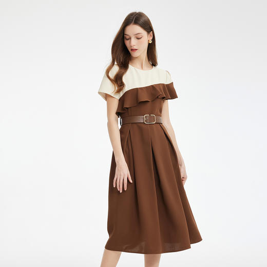 PF856斯尔丽2024新款OL高级白领撞色拼接设计感斜肩版荷叶边大摆连衣裙 商品图0