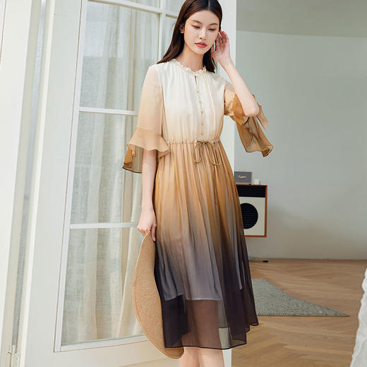 玳莎渐变印花乔其真丝连衣裙2024夏季新款系带抽褶拼接五分袖裙子  EB35309 商品图1