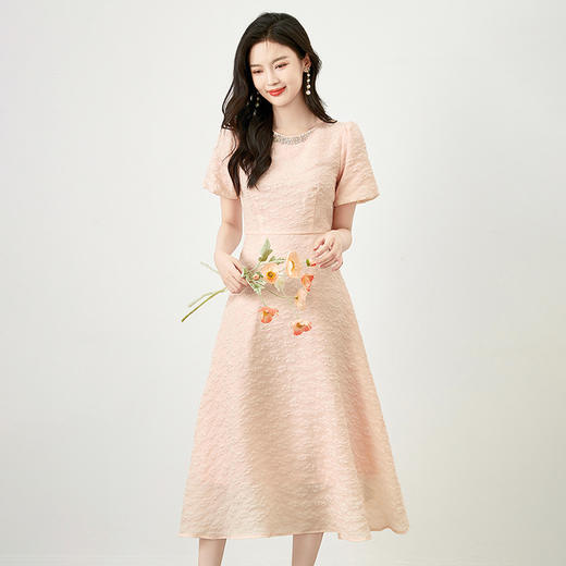 法式浪漫轻奢精致时髦，收腰钉钻短袖提花连衣裙WLZD- 2415101 商品图0