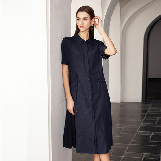 【桑蚕丝暗纹系带连衣裙】24年春夏新品女士真丝丝中长款衬衫裙子 商品图3