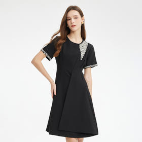 PF851斯尔丽24夏新款设计感收腰放摆褶裥下摆钉钻款小礼服连衣裙