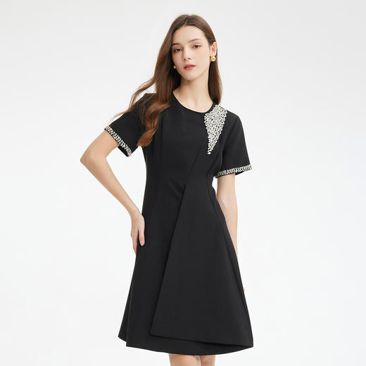 PF851斯尔丽24夏新款设计感收腰放摆褶裥下摆钉钻款小礼服连衣裙 商品图0