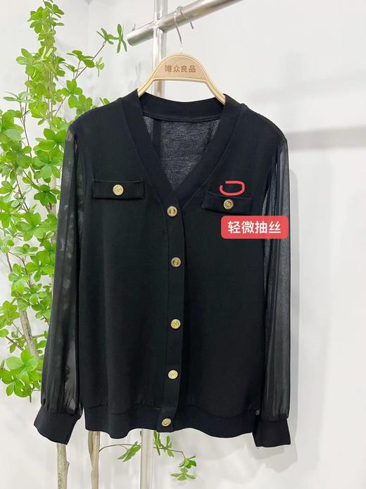 1-V领网纱袖针织小衫上衣（微瑕）-喜出 商品图1