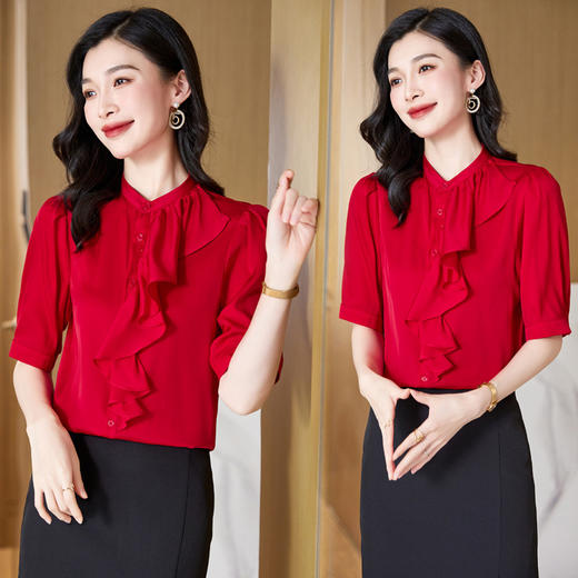 YQ荷叶边显瘦衬衫女半袖小衫2024年夏季新款时尚洋气桑蚕丝立领上衣 商品图1